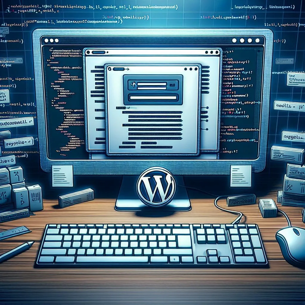 Ilustração de um monitor de computador com o logo do WordPress na base, exibindo uma interface de formulário de contato em estilo wireframe, cercado por linh…