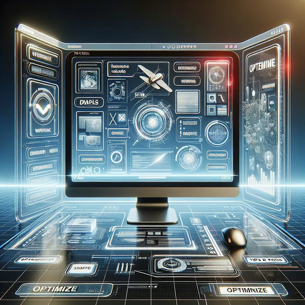Uma estação de trabalho futurista com um monitor central e painéis holográficos exibindo interfaces digitais complexas, gráficos e a palavra 'OPTIMIZE', ilus…