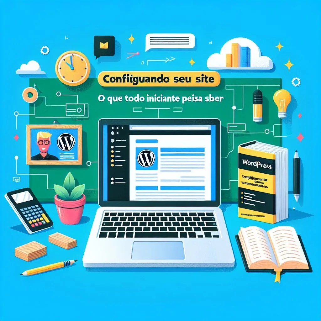 Ilustração de uma mesa de trabalho com um laptop exibindo o painel do WordPress, cercado por um livro intitulado 'WordPress', um caderno aberto, uma calculad…