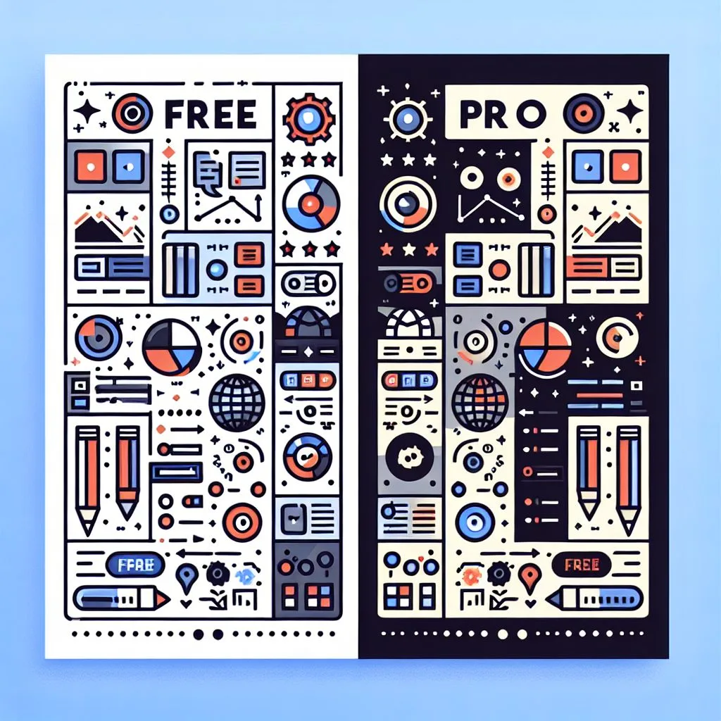 Ilustração comparativa lado a lado entre as versões Free e Pro do Elementor, mostrando ícones de design, gráficos e ferramentas de interface em estilos contr…