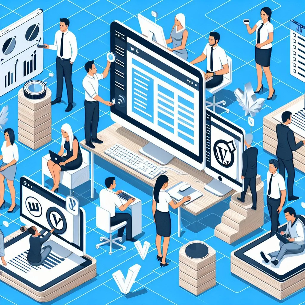 Ilustração isométrica de uma equipe de profissionais trabalhando em um ambiente digital azul, cercados por grandes monitores, laptops e dispositivos móveis e…