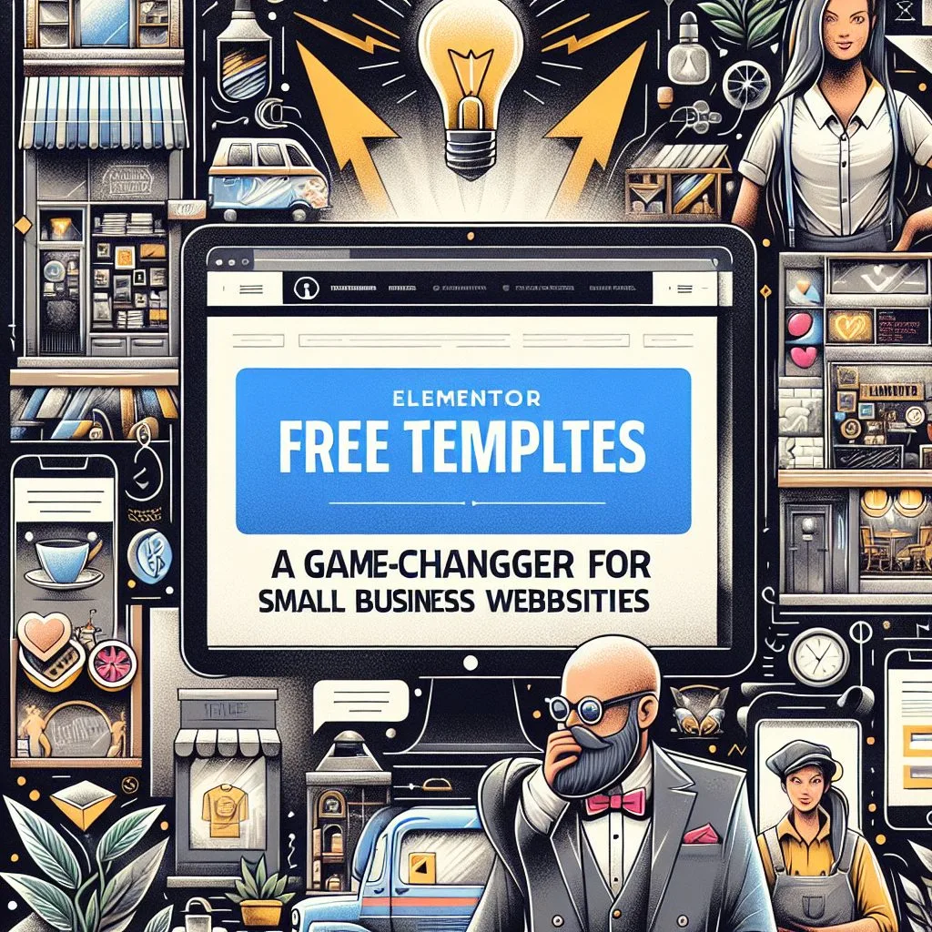 Ilustração colorida e detalhada com um monitor no centro exibindo 'ELEMENTOR FREE TEMPLATES: A GAME-CHANGER FOR SMALL BUSINESS WEBSITES', cercado por element…