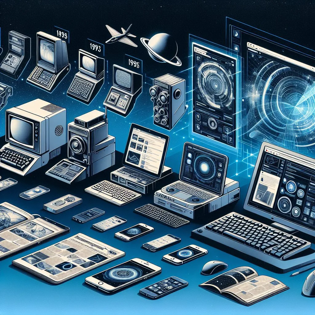 Ilustração mostrando a evolução tecnológica de computadores e dispositivos móveis, com datas como 1993 e 1995, representando o avanço do design responsivo em…