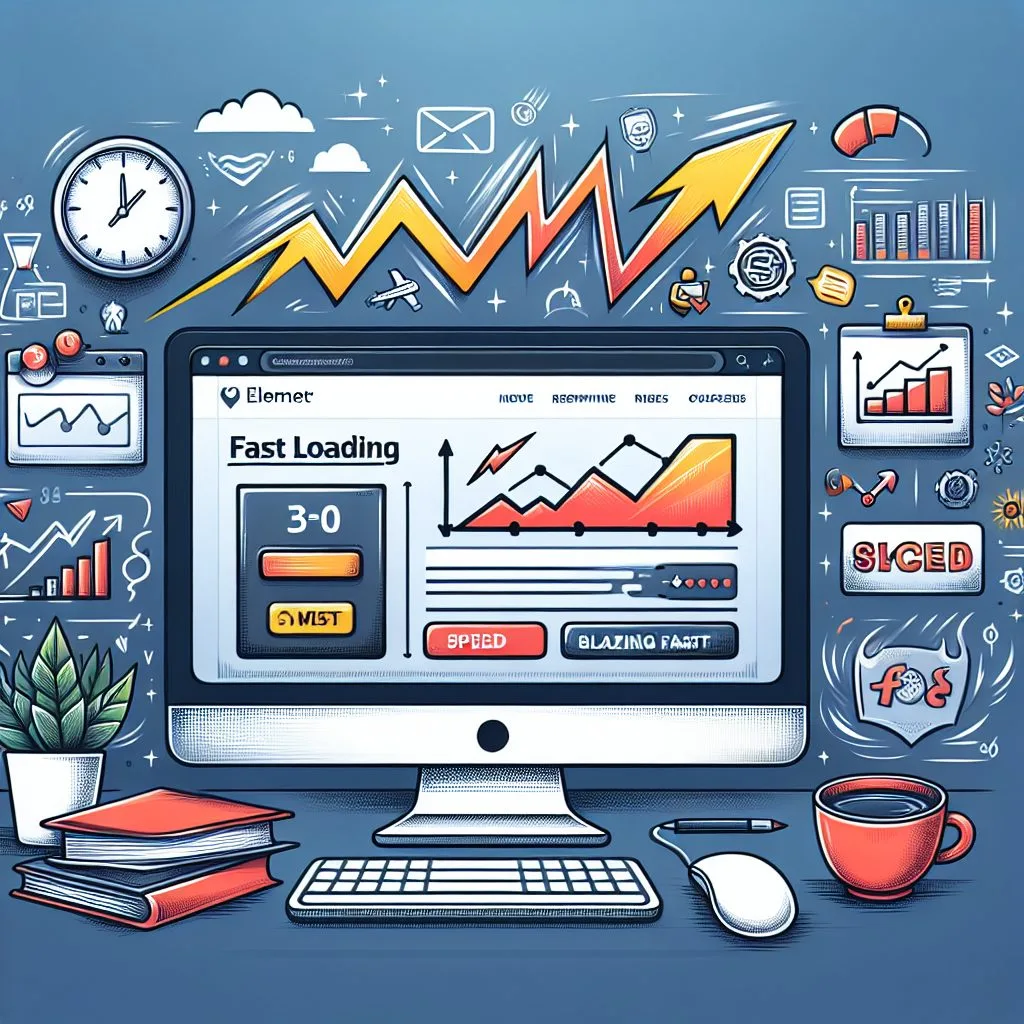Ilustração de um computador exibindo um site com o texto "Fast Loading" e gráficos de crescimento, cercado por ícones de negócios, relógio, livros e uma xíca…