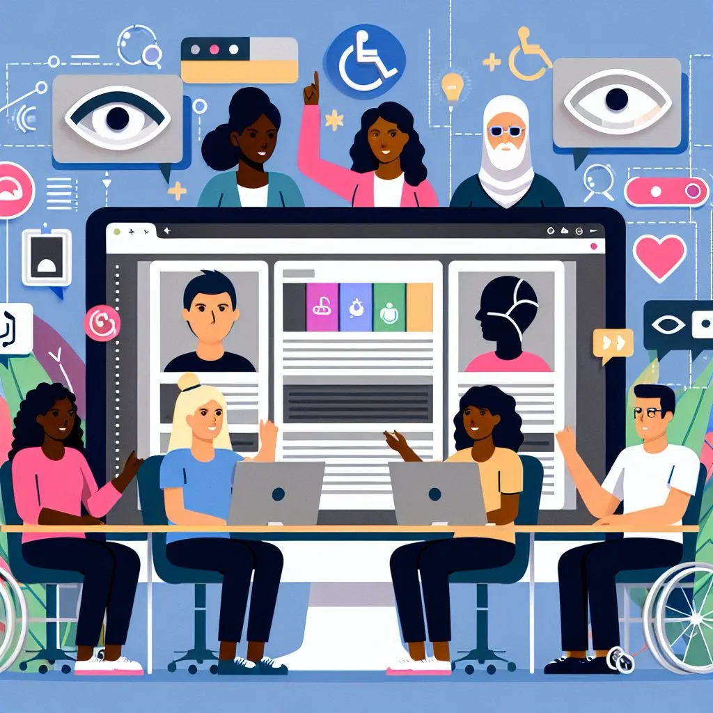 Ilustração de uma equipe diversa de designers web trabalhando em laptops em torno de uma grande tela de computador, cercada por ícones de acessibilidade como…