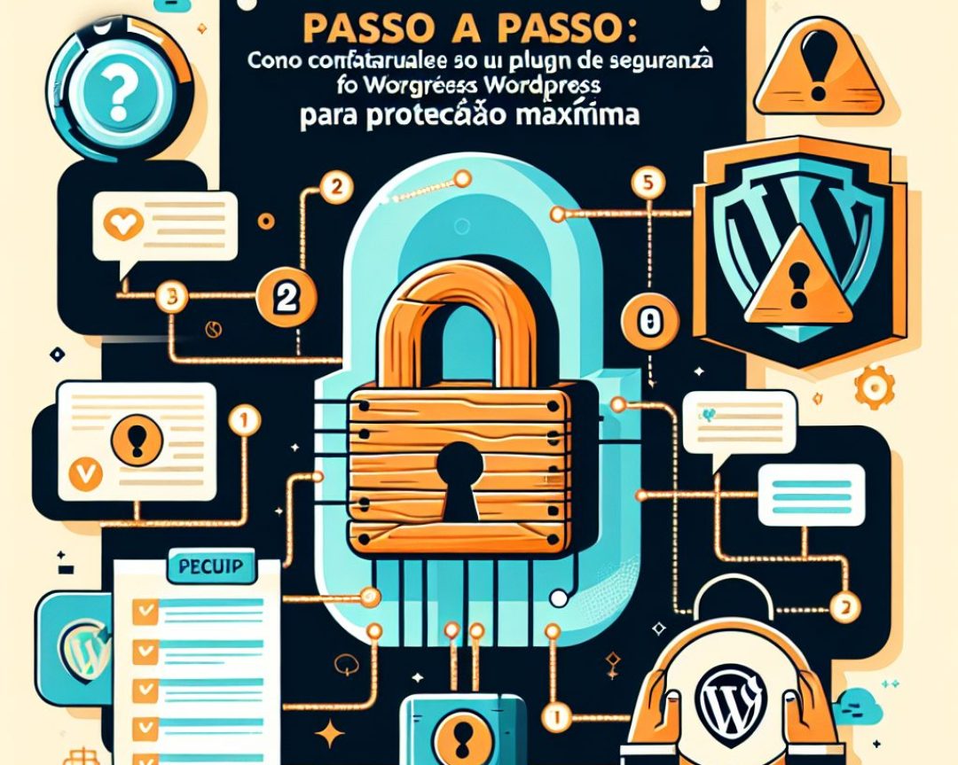 Ilustração de um grande cadeado de madeira no centro, rodeado por ícones de segurança, escudo do WordPress, checklist e números, representando um guia passo…
