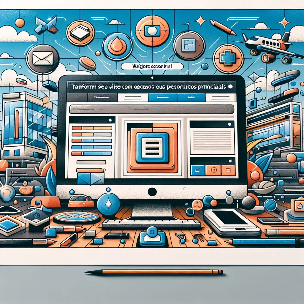 Ilustração colorida de um monitor de computador exibindo um layout de site, cercado por diversos ícones e elementos gráficos flutuantes que representam widge…