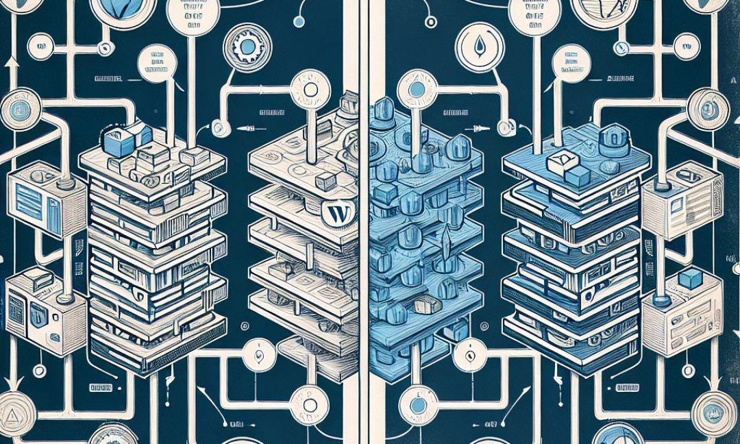 Ilustração comparativa em estilo blueprint mostrando duas instalações WordPress: à esquerda, uma instalação multisite com múltiplos servidores interconectado…
