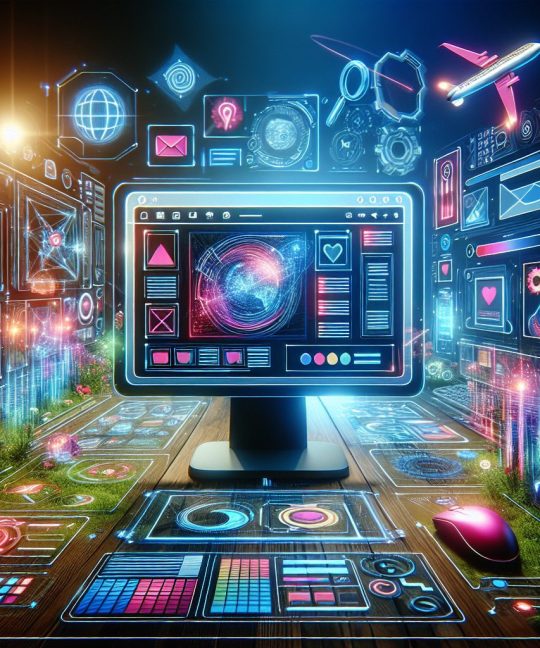 Ilustração futurista de um monitor de computador exibindo uma interface de design web, cercado por ícones holográficos flutuantes e um teclado e mouse lumino…