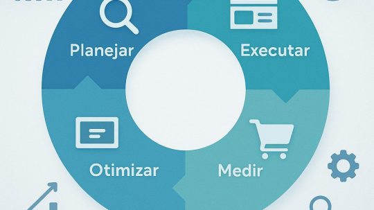 Infográfico ilustrando o ciclo de otimização de campanhas Google Ads nos canais Pesquisa, Display, Shopping e YouTube, com ícones de métricas e gráfico de desempenho.