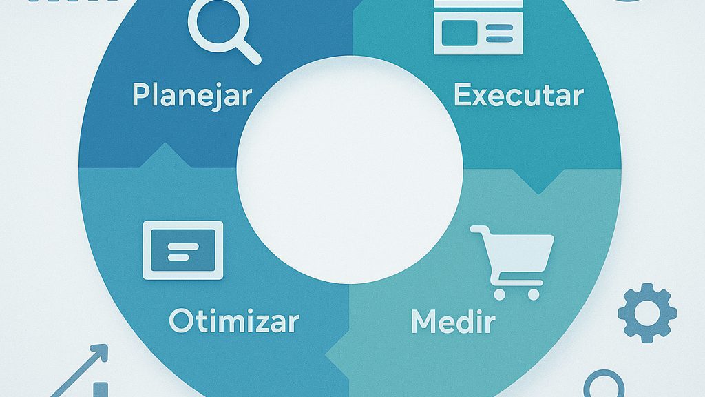 Infográfico ilustrando o ciclo de otimização de campanhas Google Ads nos canais Pesquisa, Display, Shopping e YouTube, com ícones de métricas e gráfico de desempenho.
