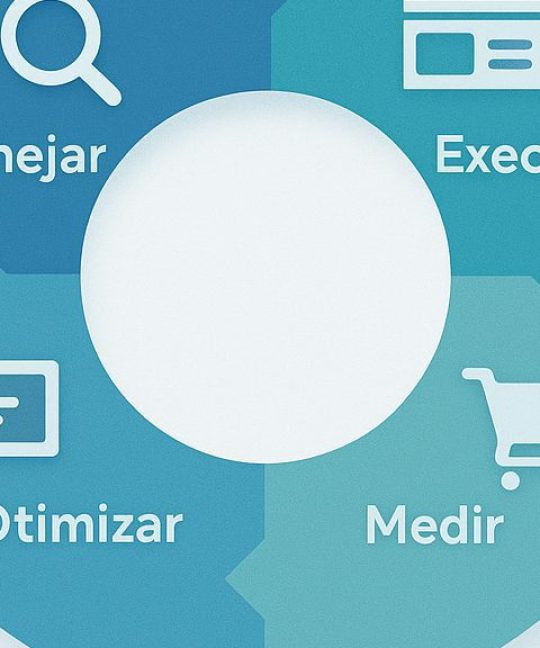 Infográfico ilustrando o ciclo de otimização de campanhas Google Ads nos canais Pesquisa, Display, Shopping e YouTube, com ícones de métricas e gráfico de desempenho.