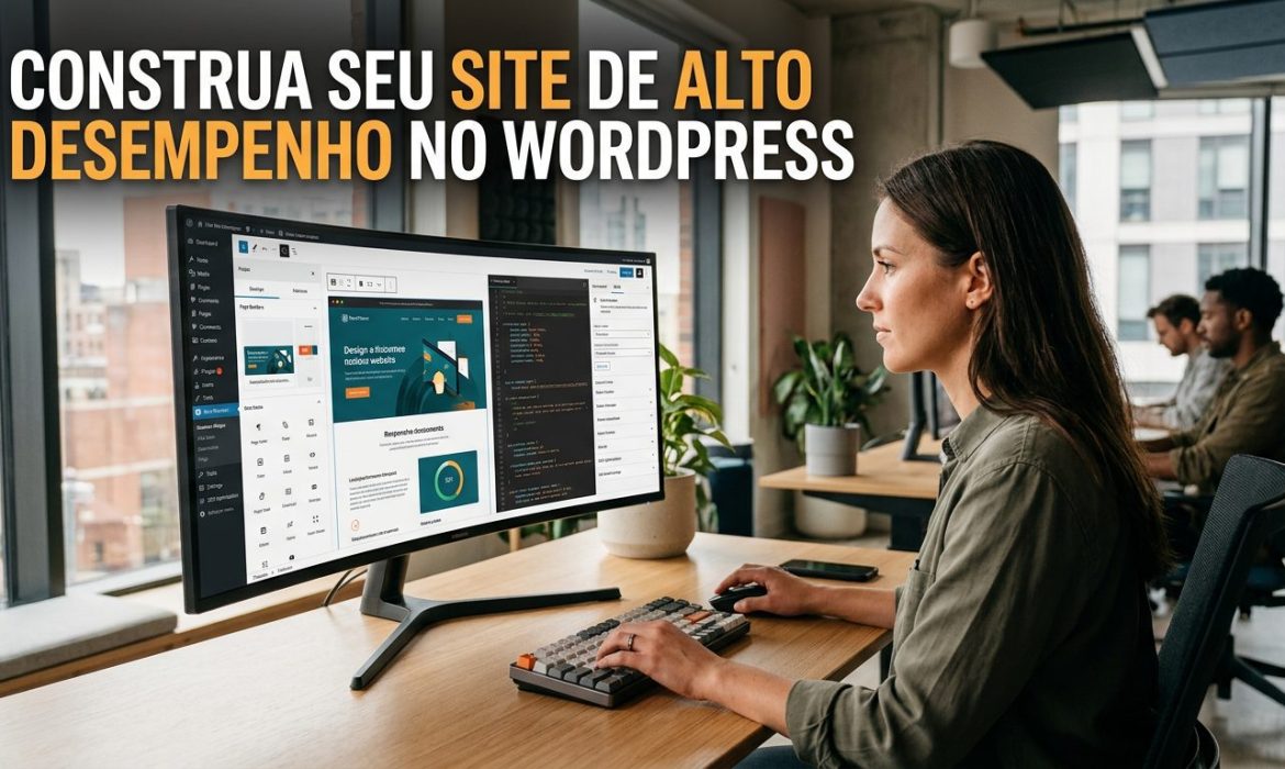 Pessoa gerenciando o desenvolvimento de um site WordPress em um monitor, com código e elementos de design na tela, representando criação e desenvolvimento de websites.