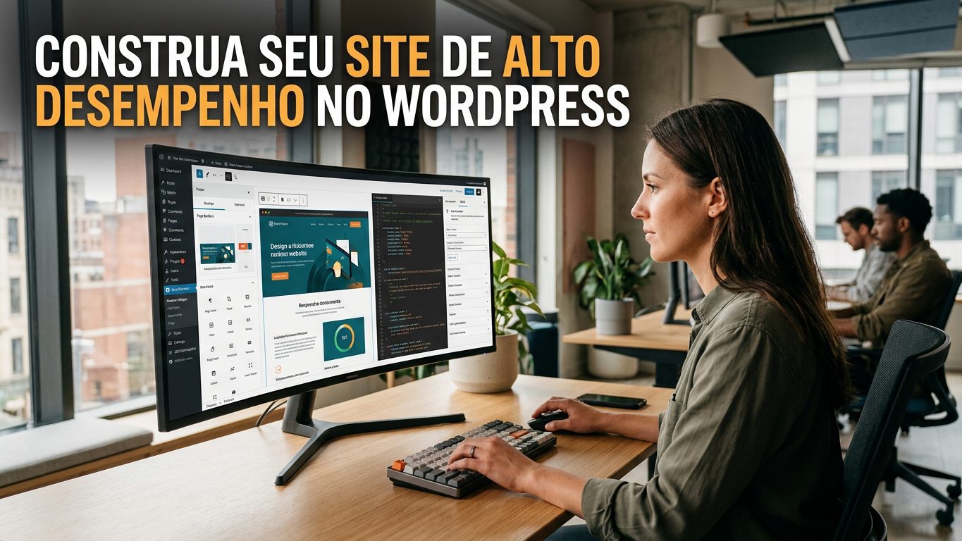 capa-11582-1783551152.png Pessoa gerenciando o desenvolvimento de um site WordPress em um monitor, com código e elementos de design na tela, representando criação e desenvolvimento de websites.