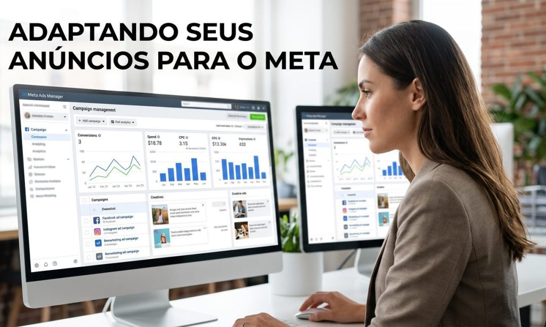 Dashboard de gerenciamento de campanhas Meta Ads com gráficos de desempenho e anúncios de Facebook, Instagram e remarketing