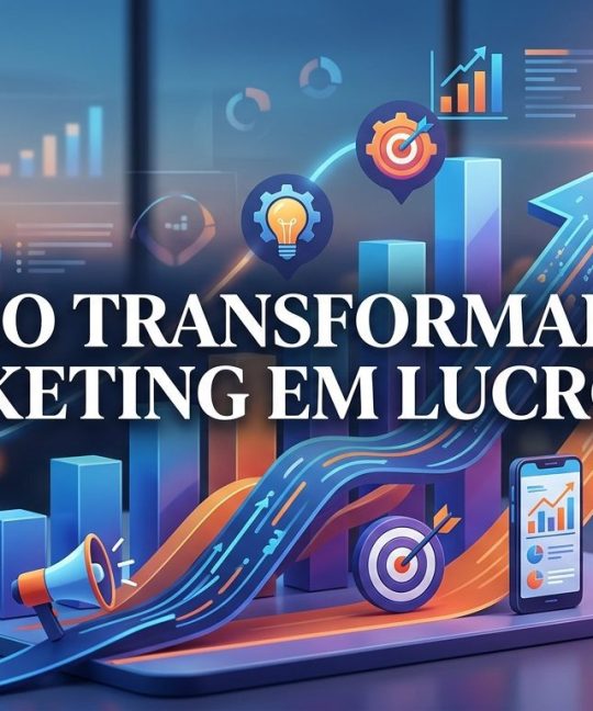 Gráfico de desempenho com setas para cima e ícones de marketing digital, representando performance e ROI