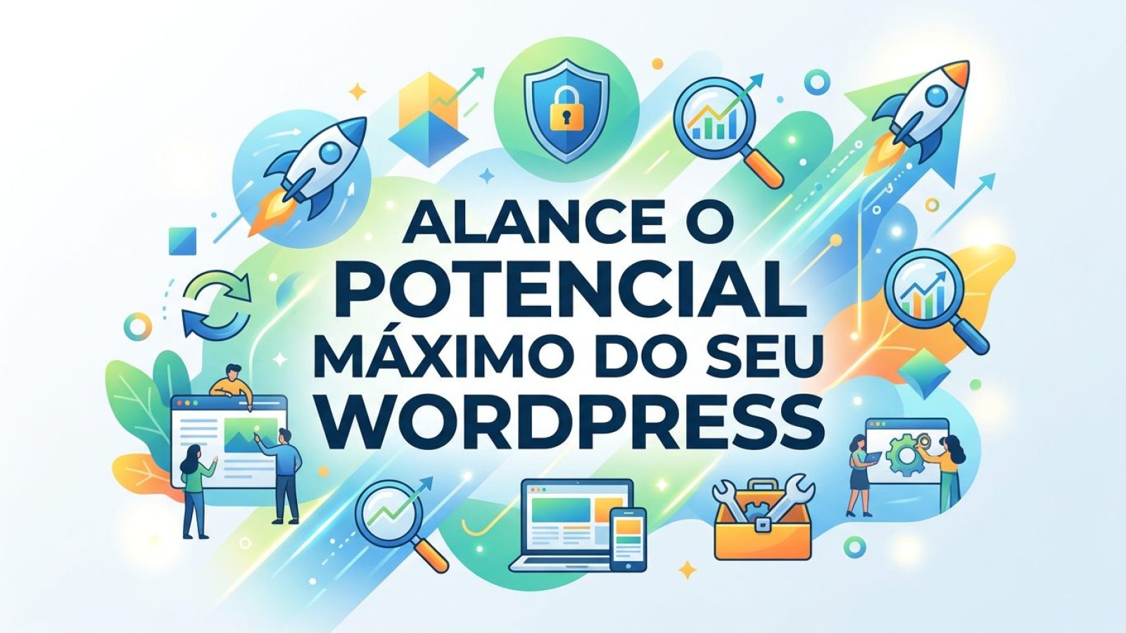 Ilustração representando práticas recomendadas para WordPress: ícones de velocidade, segurança, SEO e design responsivo
