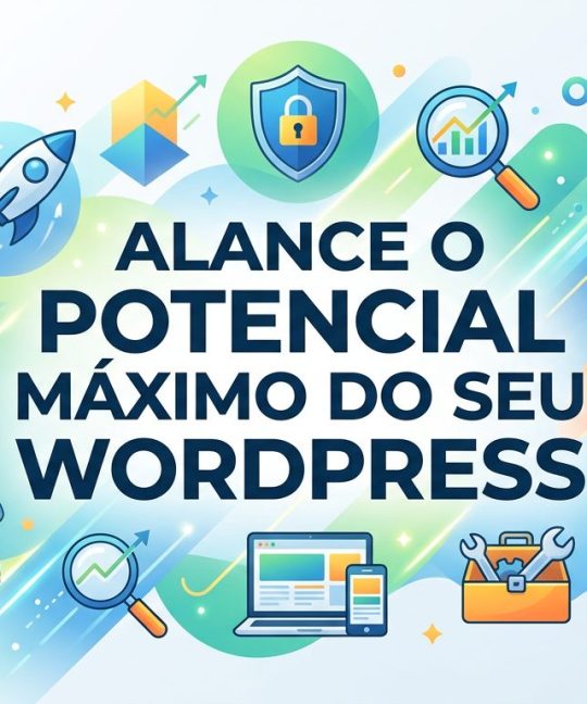 Ilustração representando práticas recomendadas para WordPress: ícones de velocidade, segurança, SEO e design responsivo