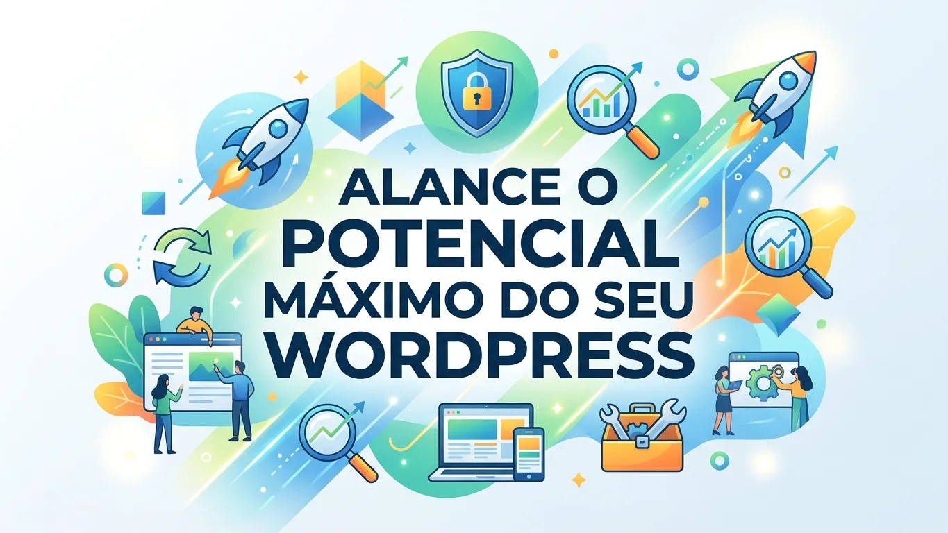 Ilustração representando práticas recomendadas para WordPress: ícones de velocidade, segurança, SEO e design responsivo