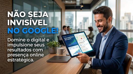 Empresário sorrindo enquanto usa um tablet com gráficos de crescimento e um mapa do Google, simbolizando a importância da presença online e visibilidade no Google para o sucesso do negócio.