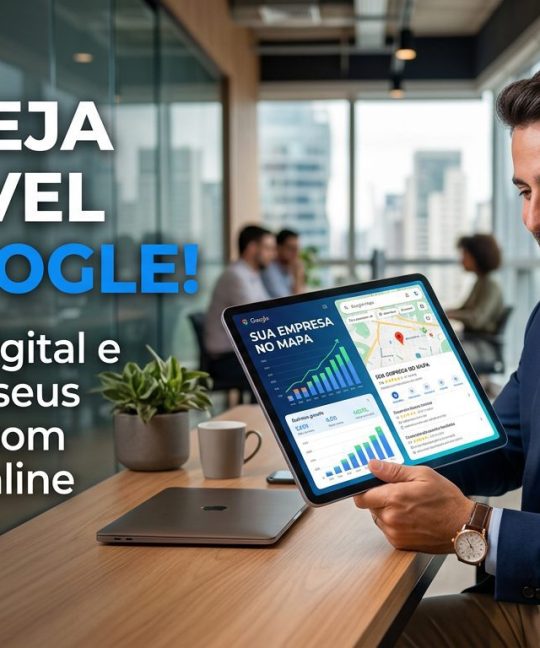 Empresário sorrindo enquanto usa um tablet com gráficos de crescimento e um mapa do Google, simbolizando a importância da presença online e visibilidade no Google para o sucesso do negócio.