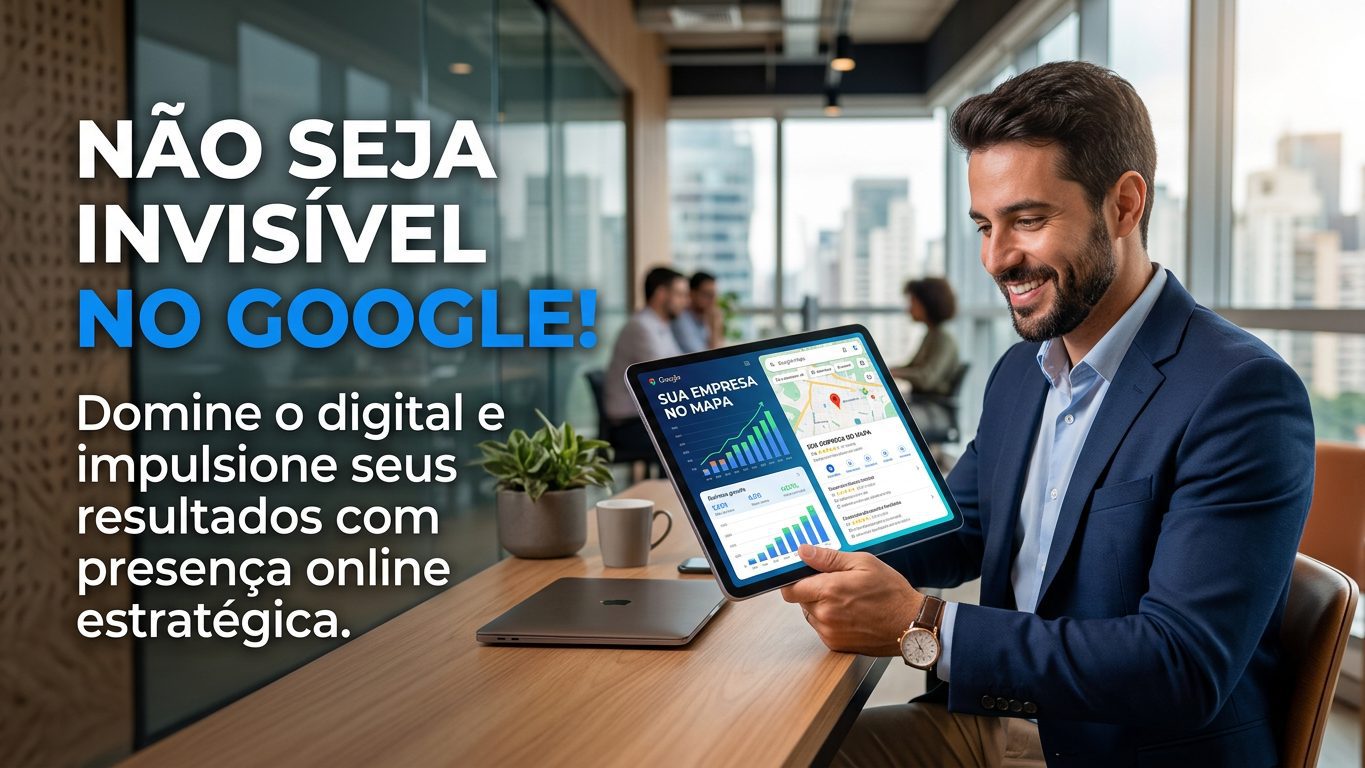 Empresário sorrindo enquanto usa um tablet com gráficos de crescimento e um mapa do Google, simbolizando a importância da presença online e visibilidade no Google para o sucesso do negócio.