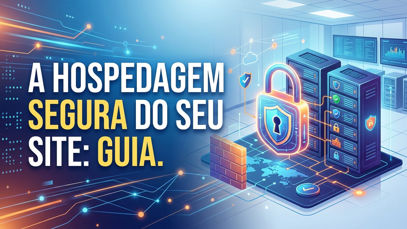 Ilustração de um cadeado digital ao lado de um ícone de servidor, simbolizando a conexão entre hospedagem de sites e segurança online.