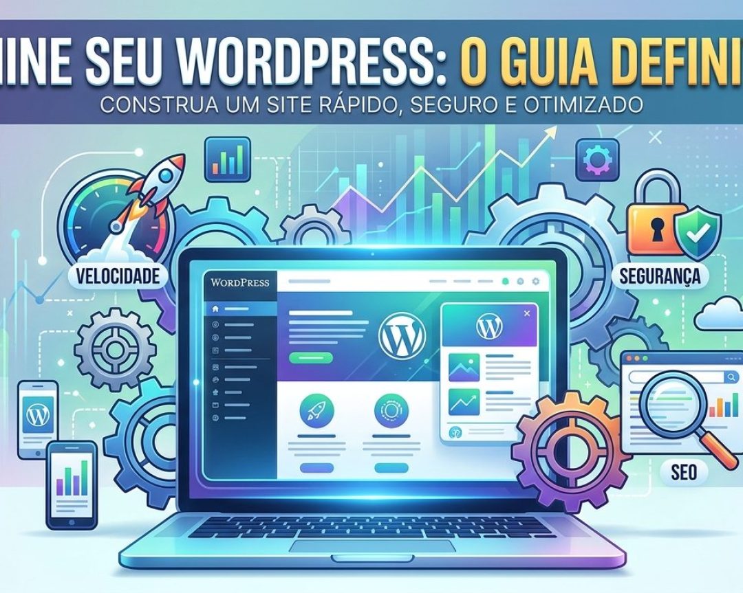 Ilustração de um site WordPress com engrenagens, indicando otimização e boas práticas, com destaque para SEO, velocidade e segurança.