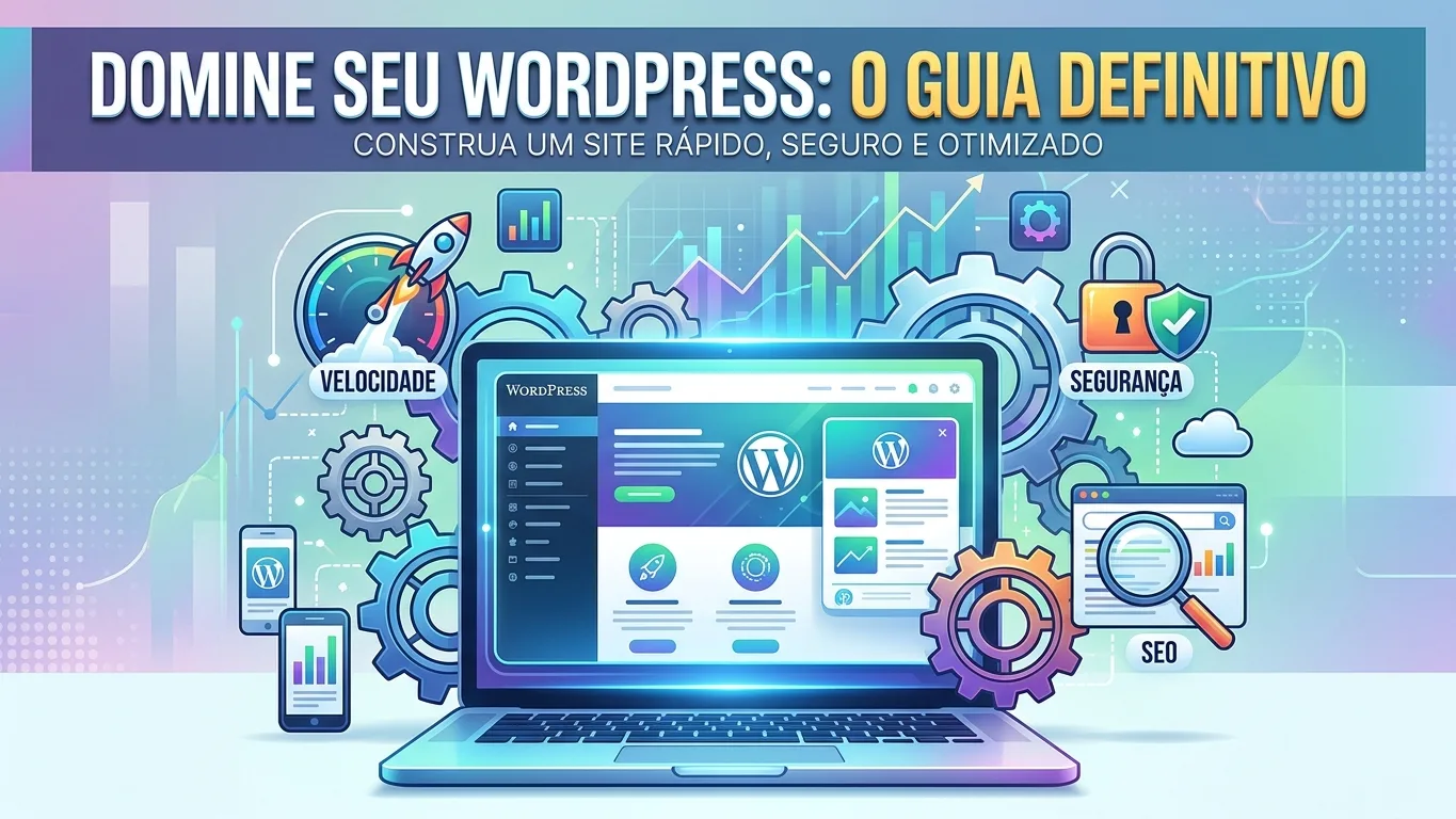 capa-11622-1784650614.png Ilustração de um site WordPress com engrenagens, indicando otimização e boas práticas, com destaque para SEO, velocidade e segurança.
